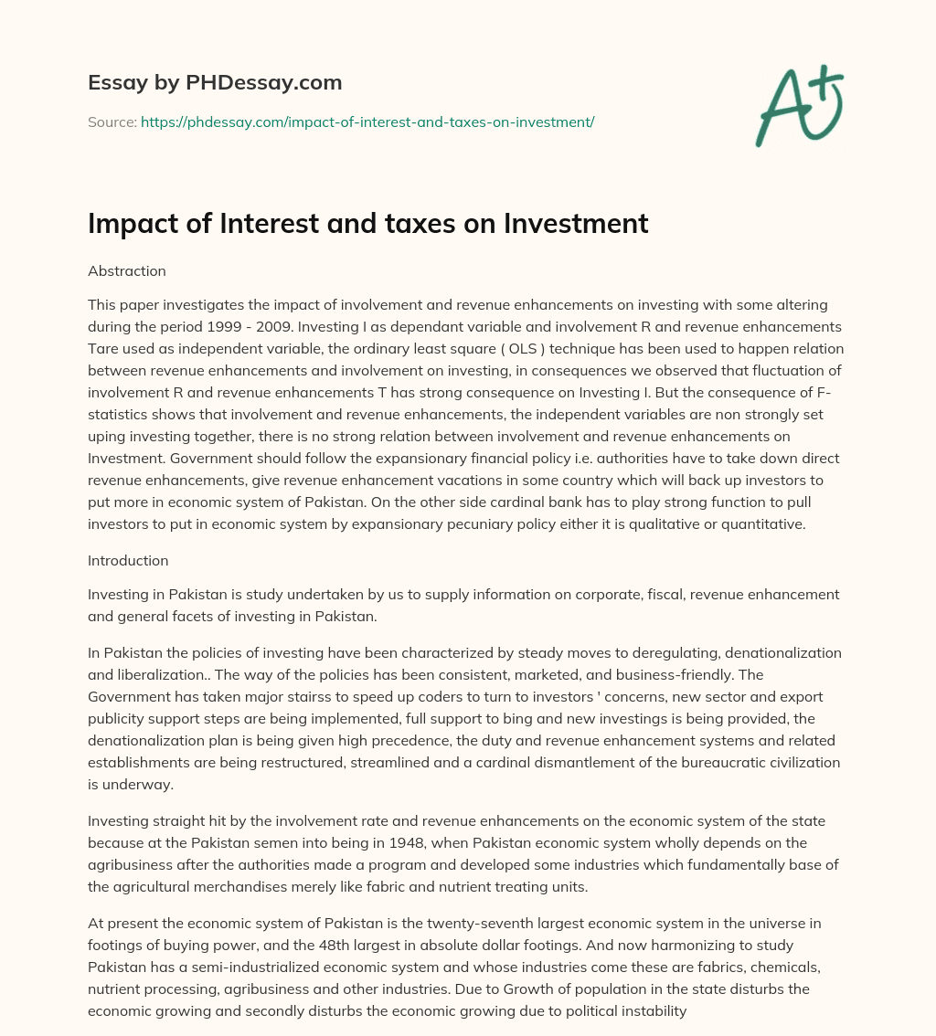 Impact of Interest and taxes on Investment essay