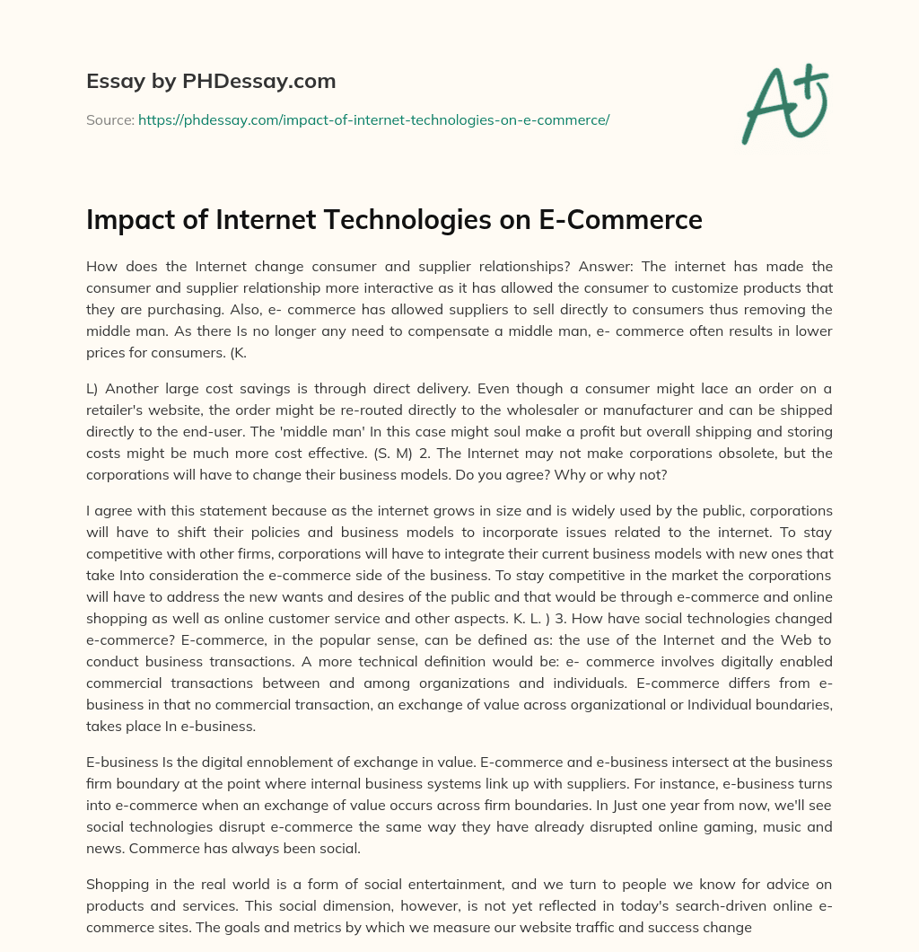 Impact of Internet Technologies on E-Commerce essay
