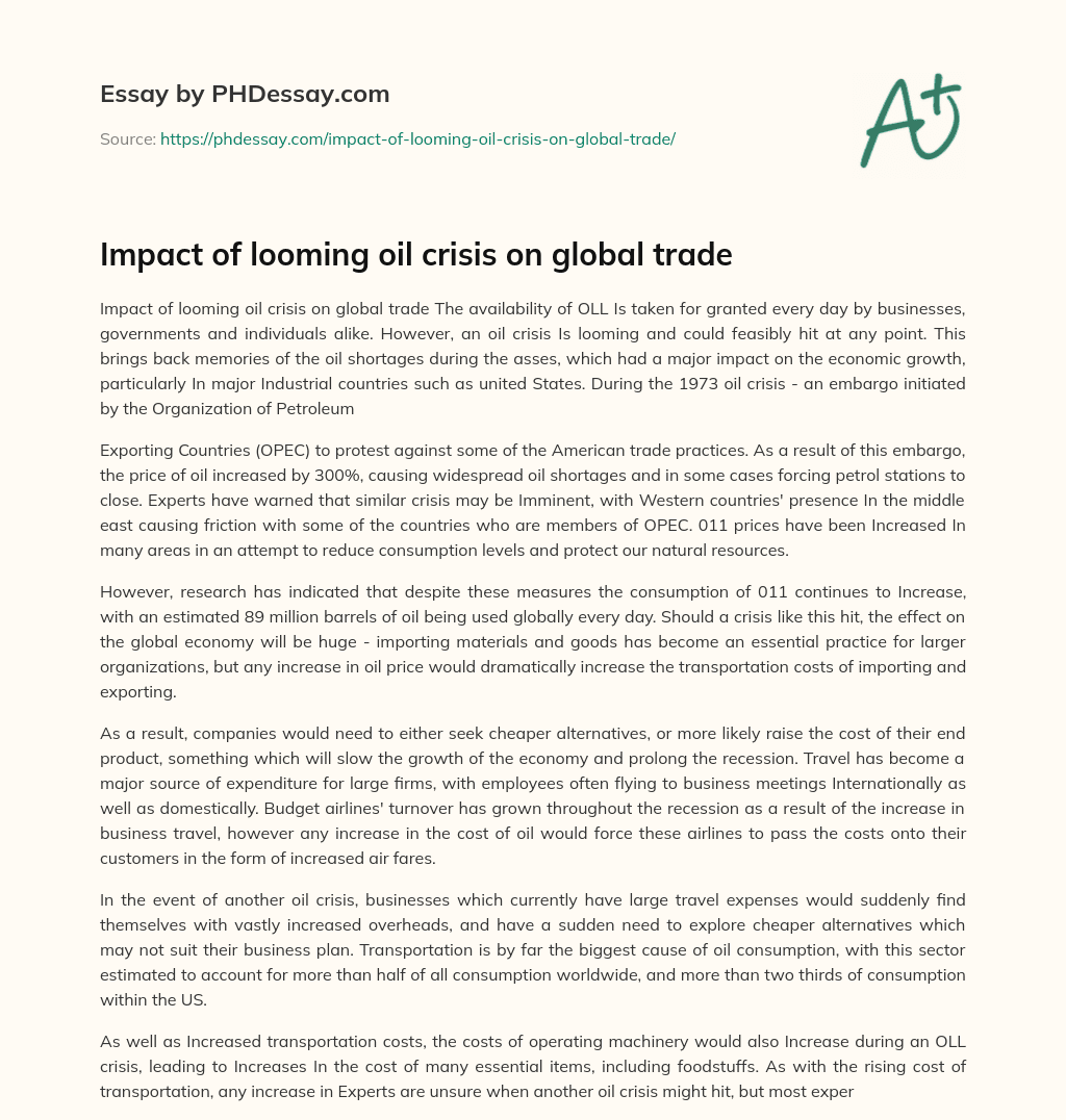 Impact of looming oil crisis on global trade essay
