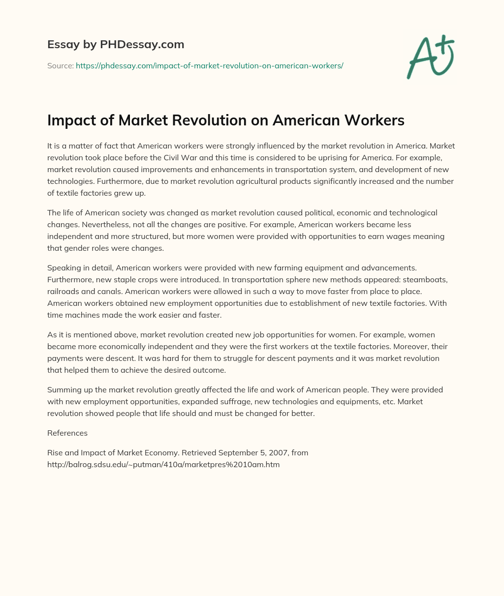 Impact of Market Revolution on American Workers essay