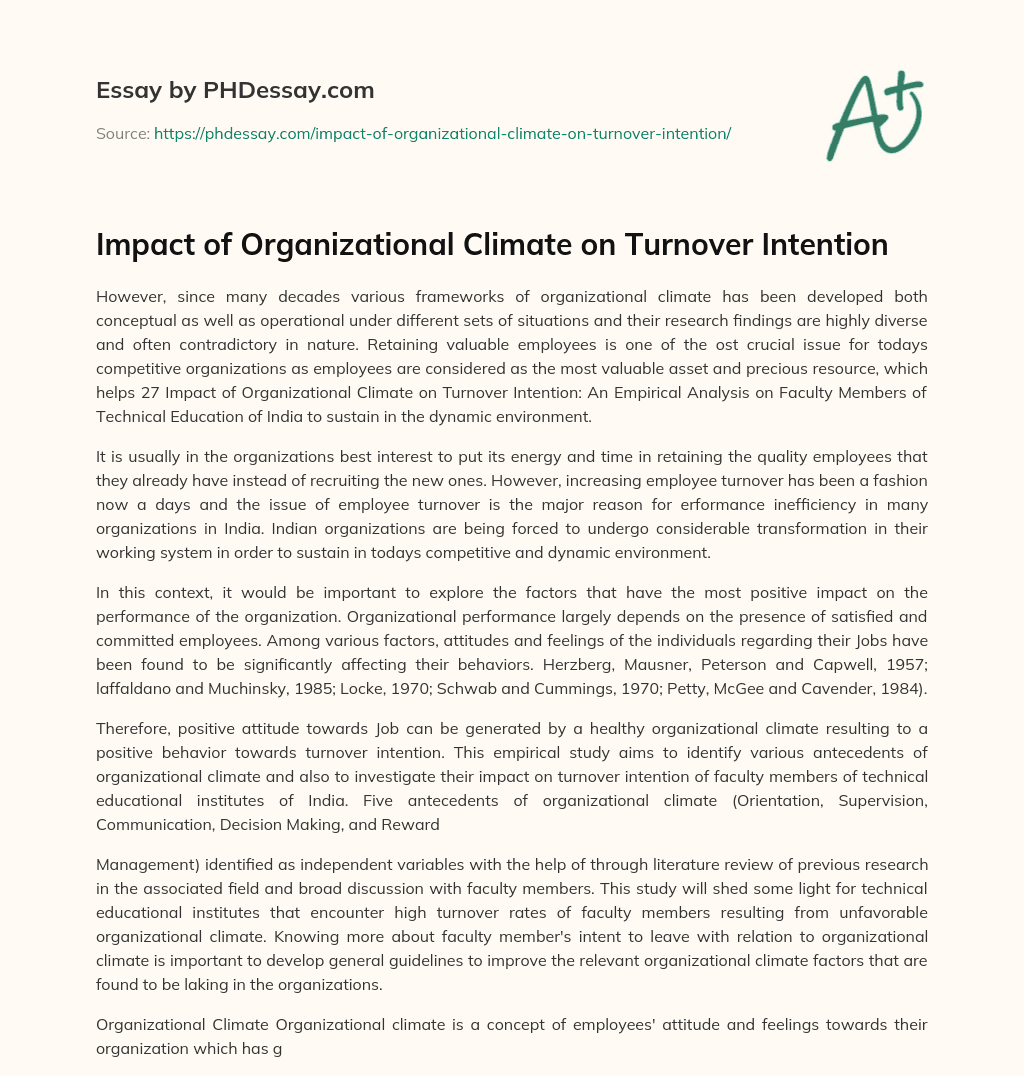 Impact of Organizational Climate on Turnover Intention essay