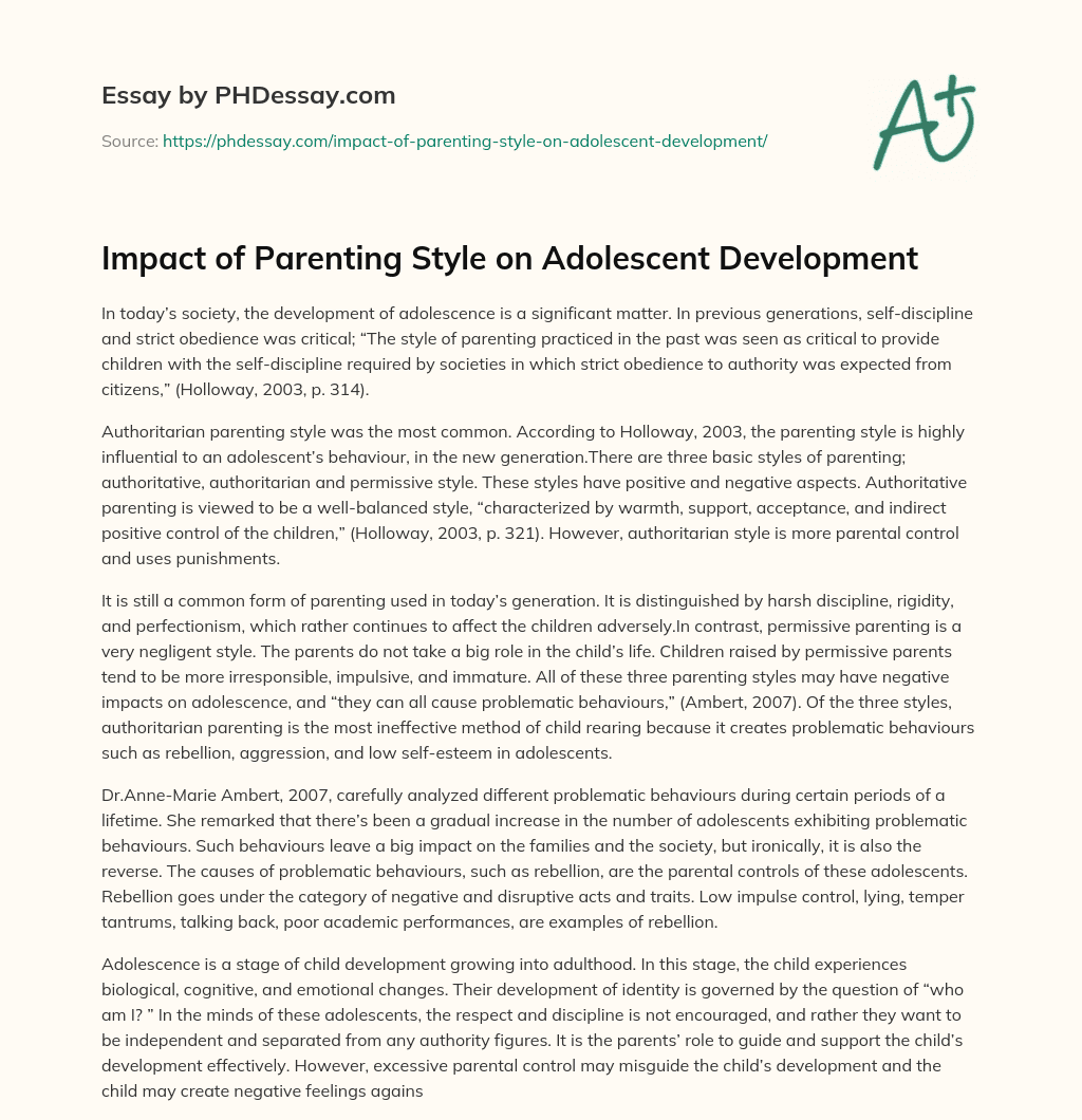Impact of Parenting Style on Adolescent Development essay