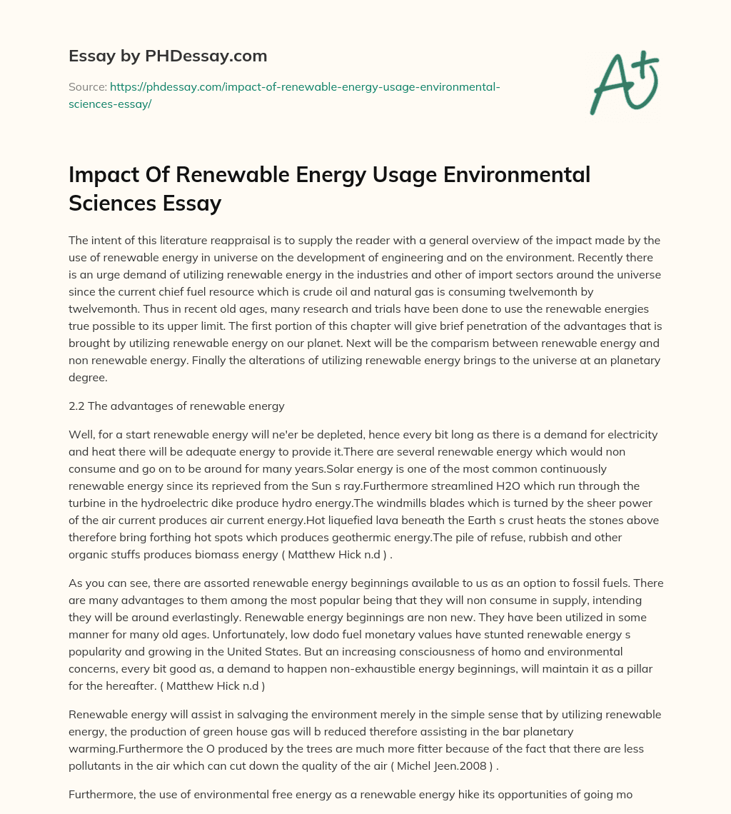 Impact Of Renewable Energy Usage Environmental Sciences Essay essay