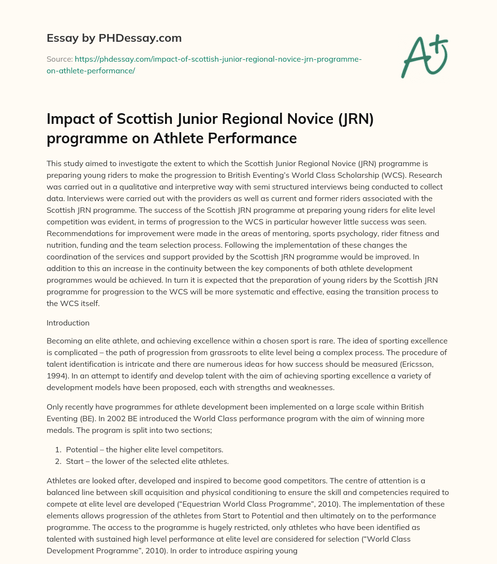Impact of Scottish Junior Regional Novice (JRN) programme on Athlete Performance essay