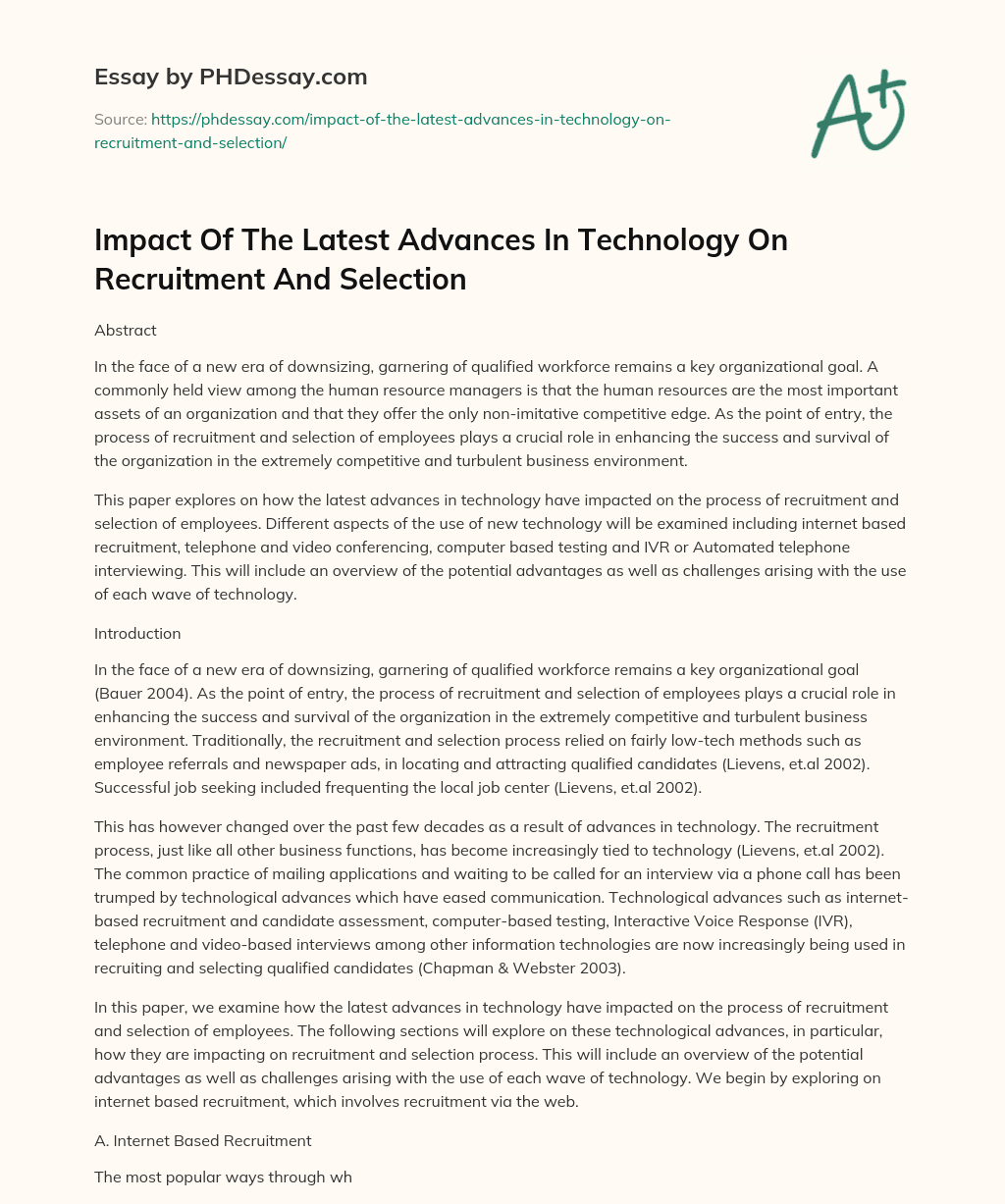 Impact Of The Latest Advances In Technology On Recruitment And Selection essay