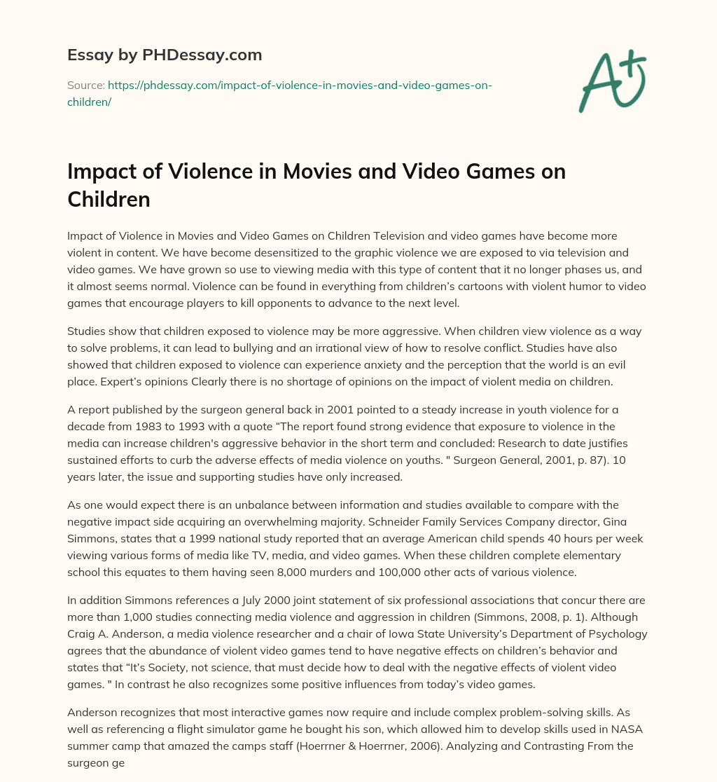 Impact of Violence in Movies and Video Games on Children essay