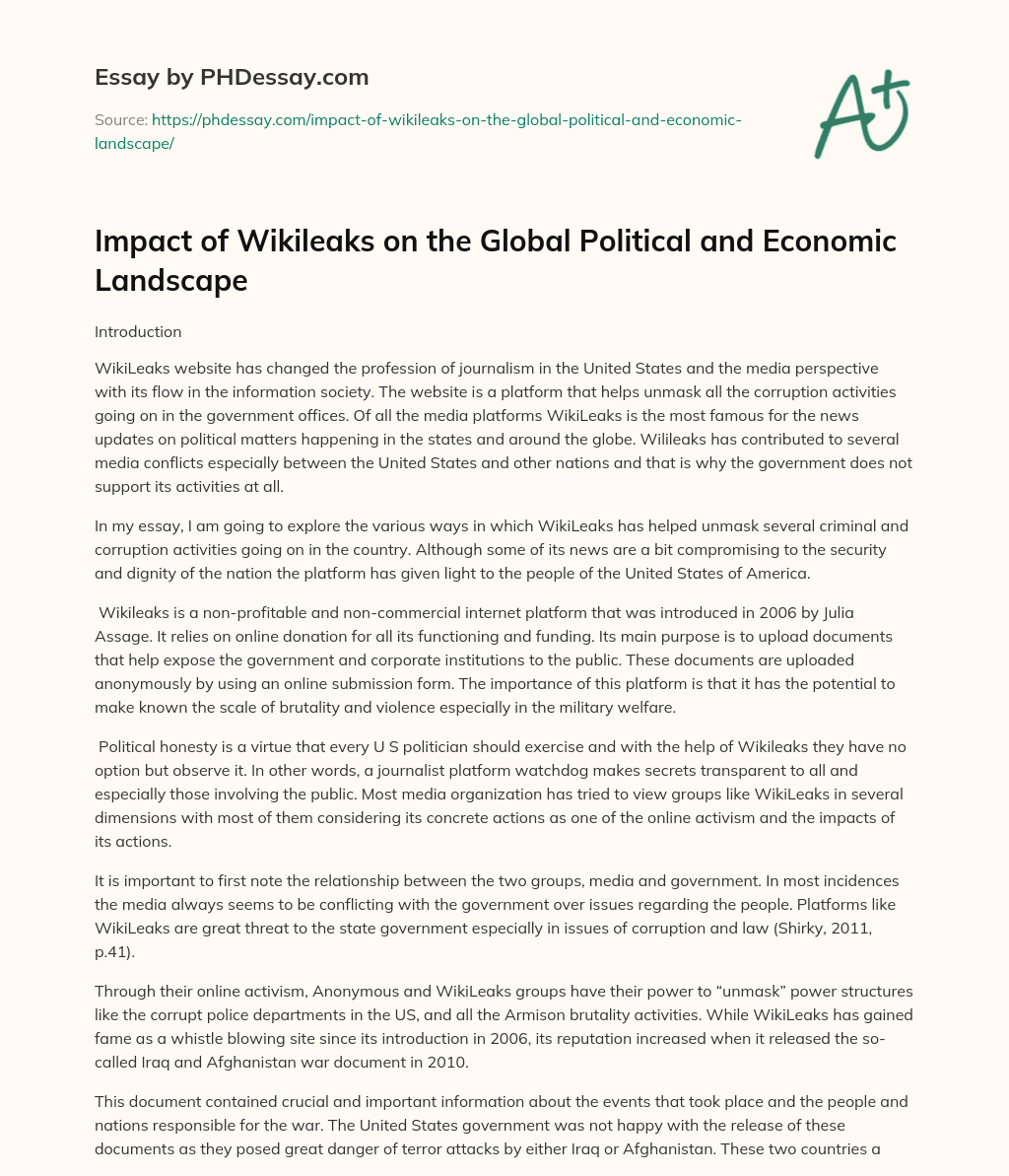 Impact of Wikileaks on the Global Political and Economic Landscape essay