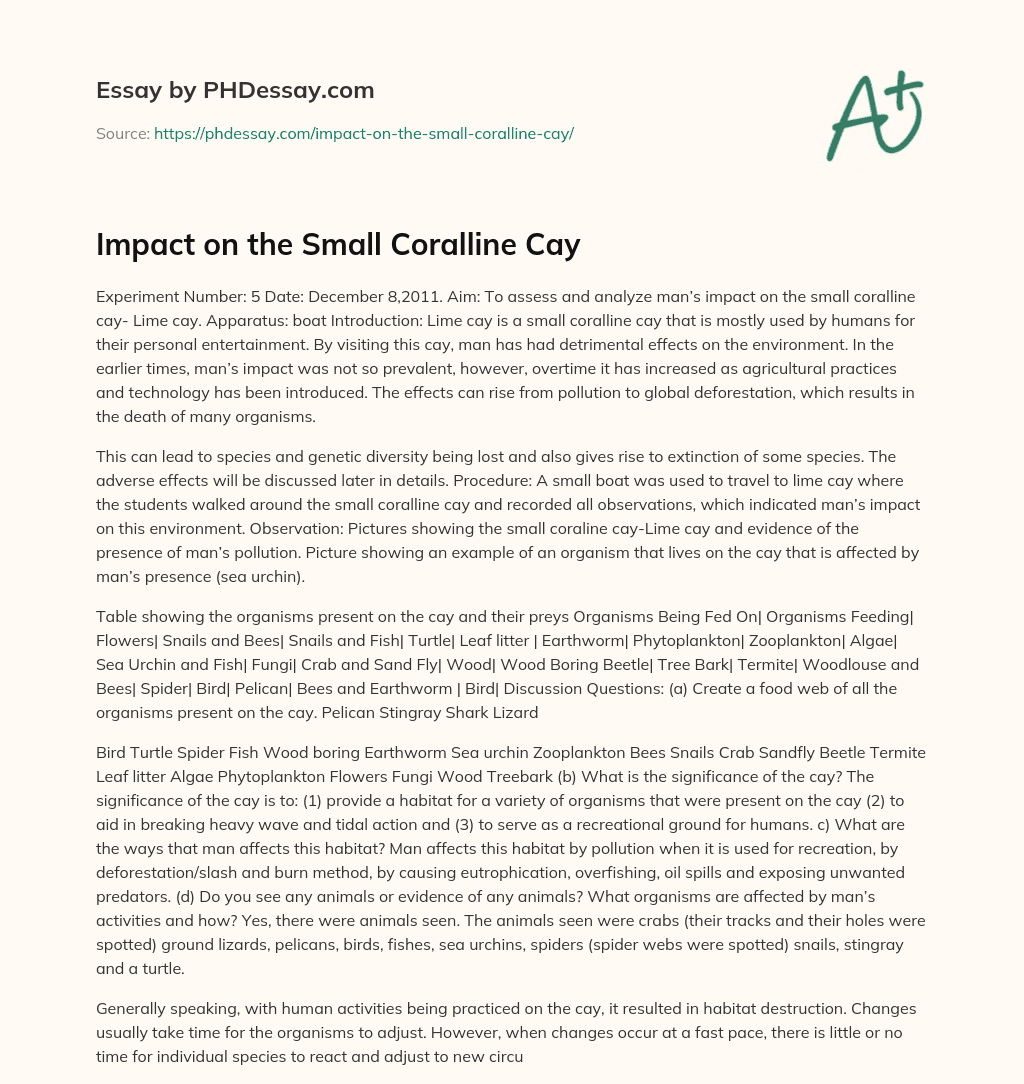 Impact on the Small Coralline Cay essay
