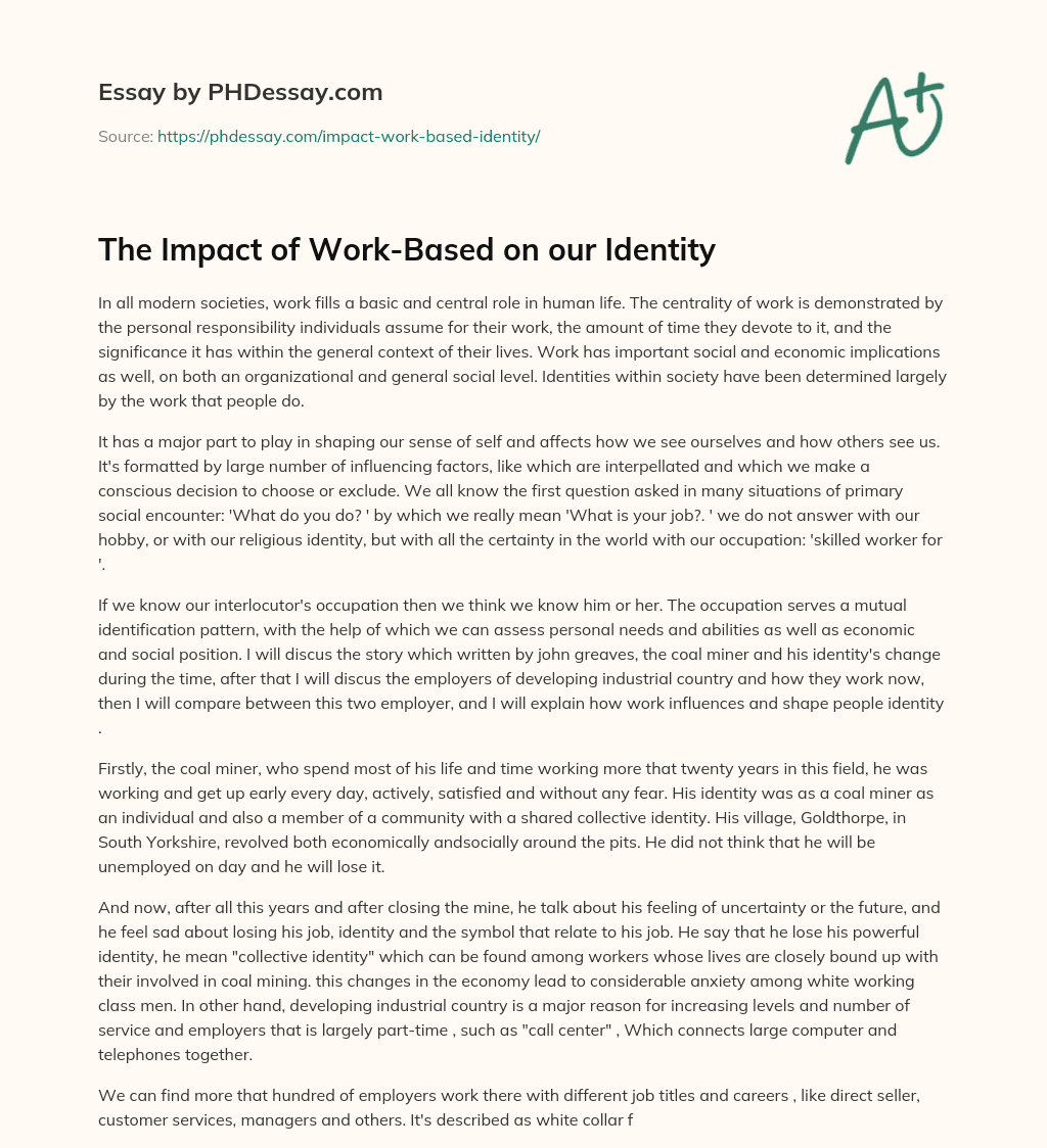 The Impact of Work-Based on our Identity essay
