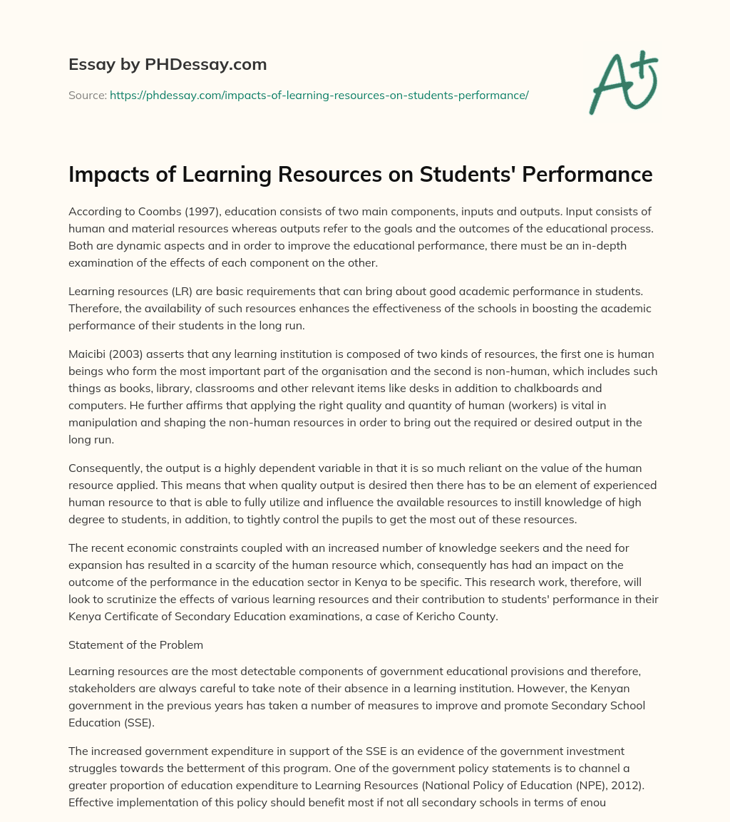 Impacts of Learning Resources on Students’ Performance essay