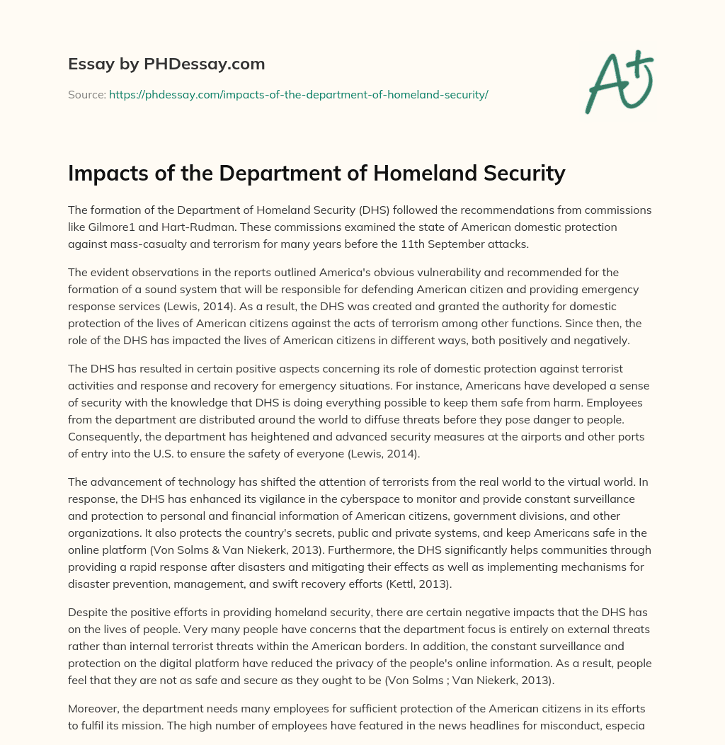 Impacts of the Department of Homeland Security essay