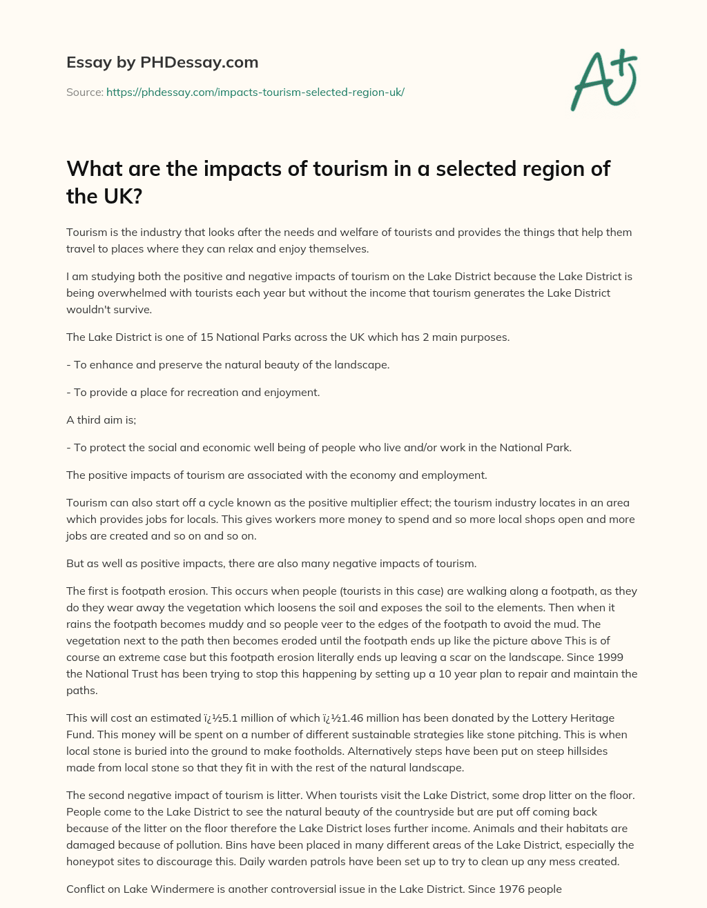 What are the impacts of tourism in a selected region of the UK? essay