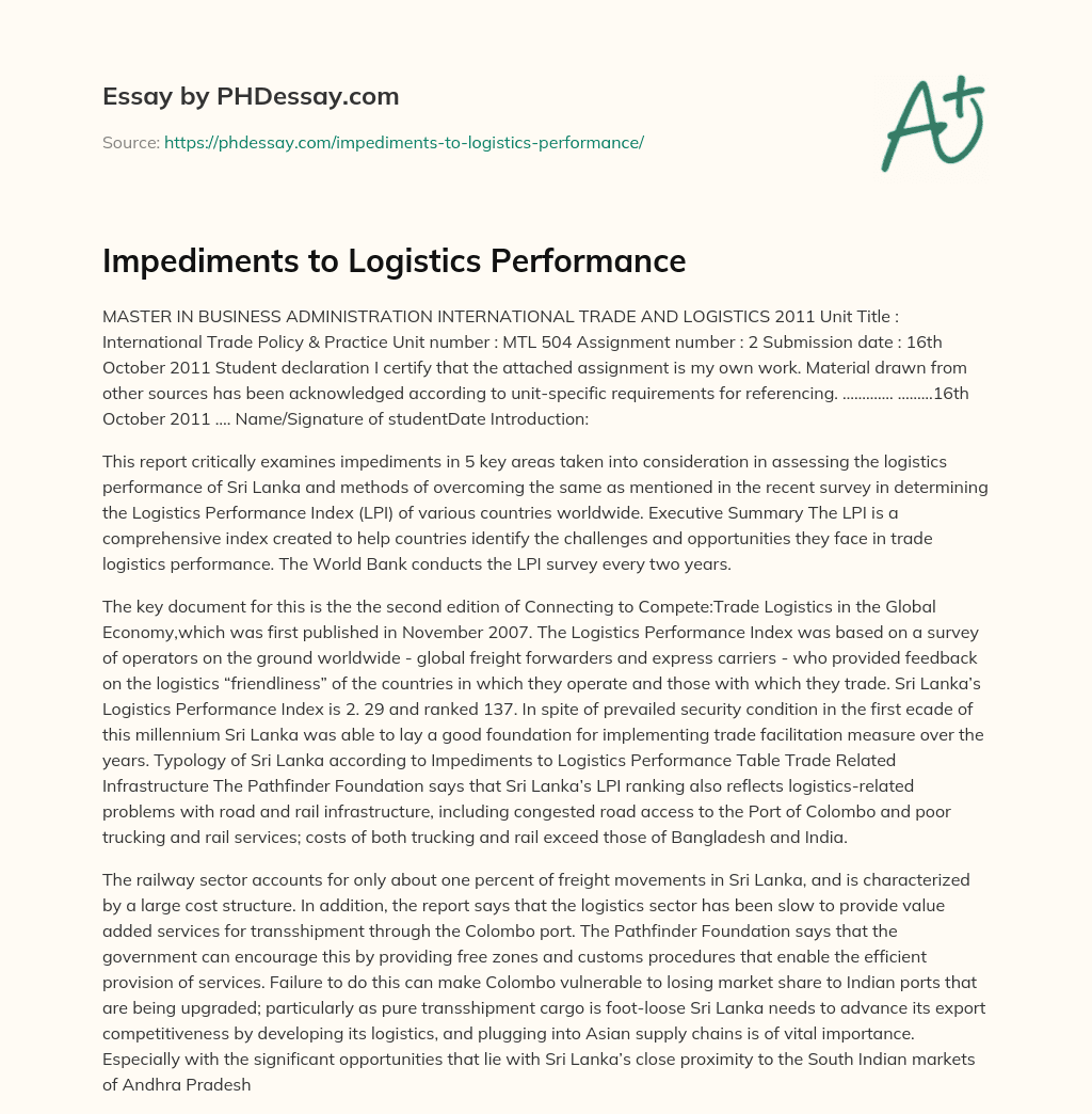 Impediments to Logistics Performance essay