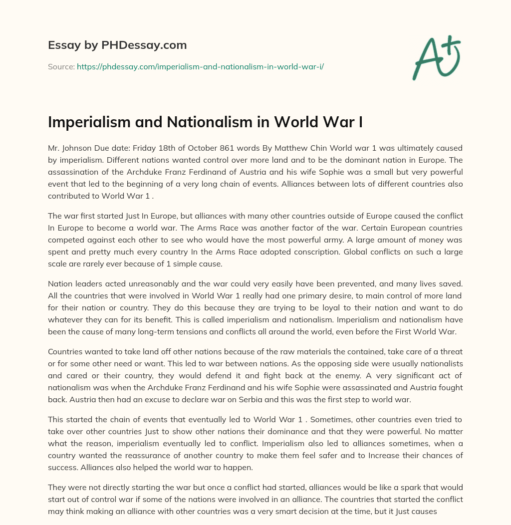 Imperialism and Nationalism in World War I essay