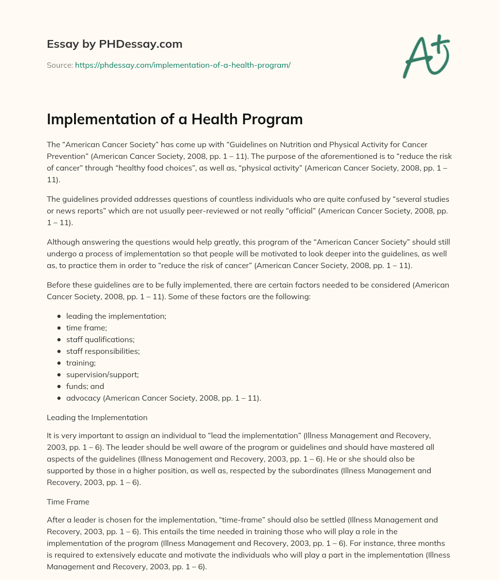 Implementation of a Health Program essay