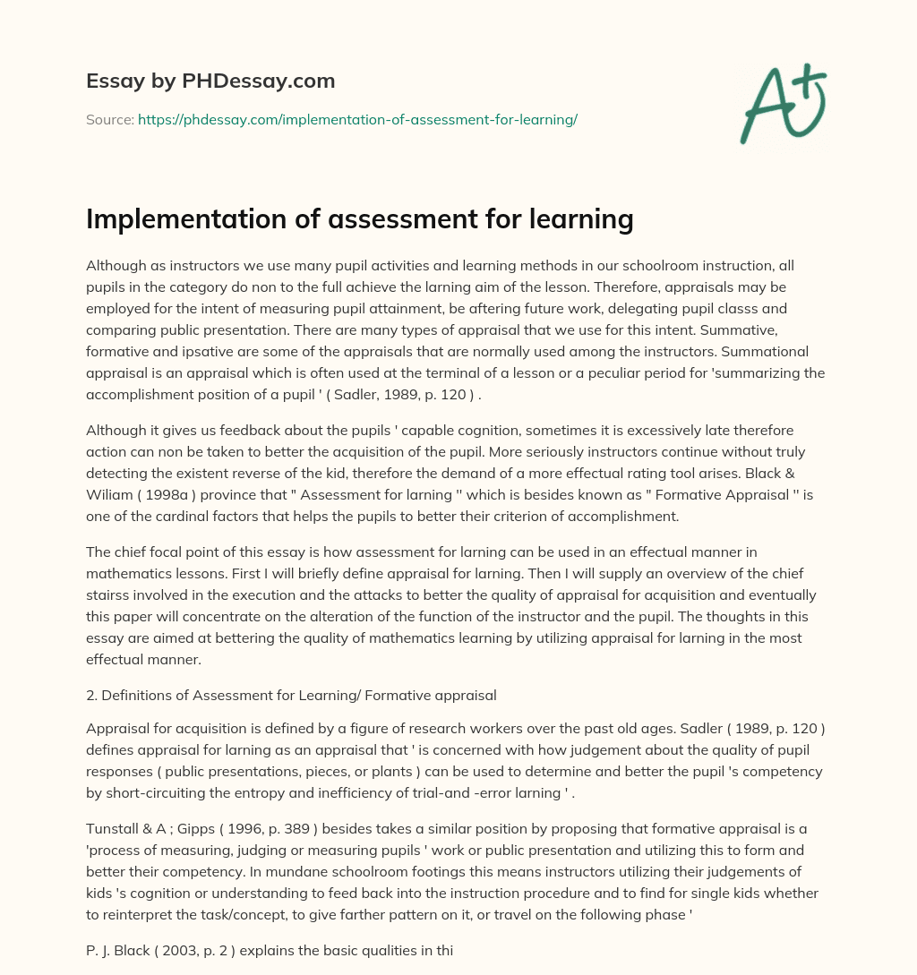 Implementation of  assessment for learning essay