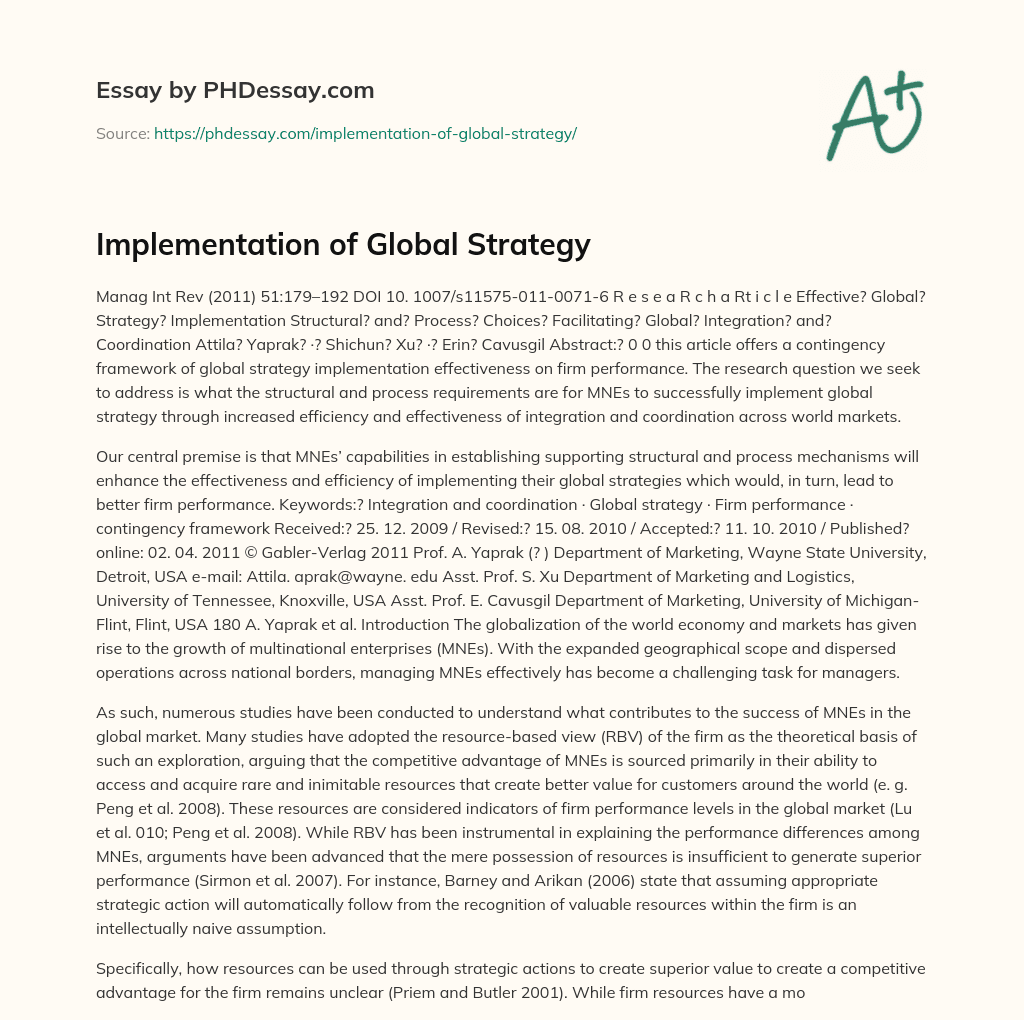 Implementation of Global Strategy essay