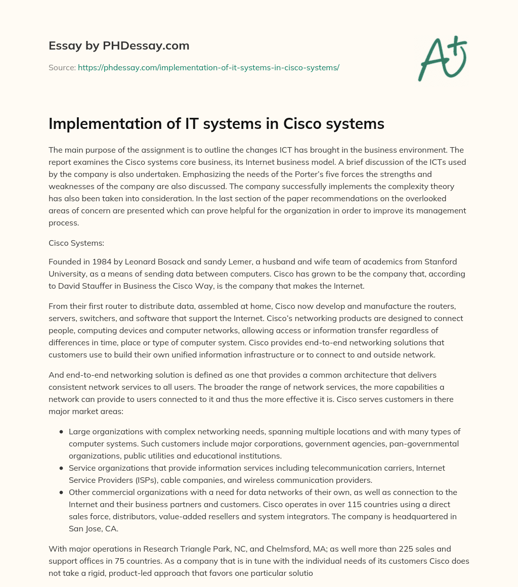 Implementation of IT systems in Cisco systems essay