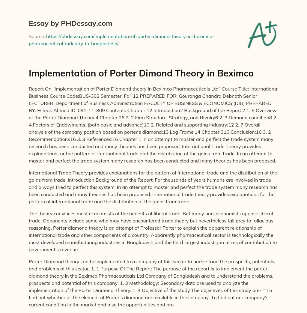Implementation of Porter Dimond Theory in Beximco essay