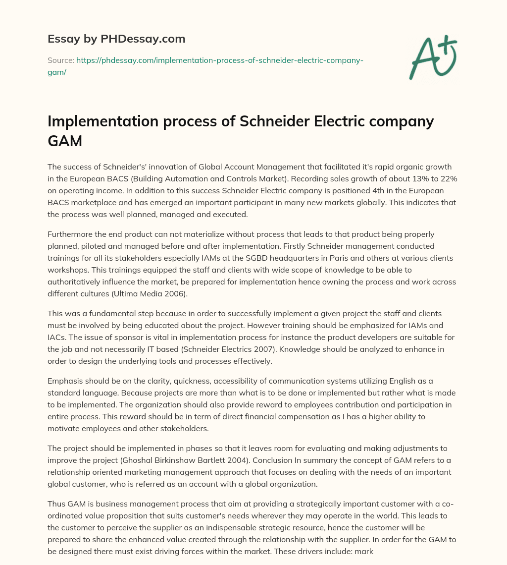 Implementation process of Schneider Electric company GAM essay