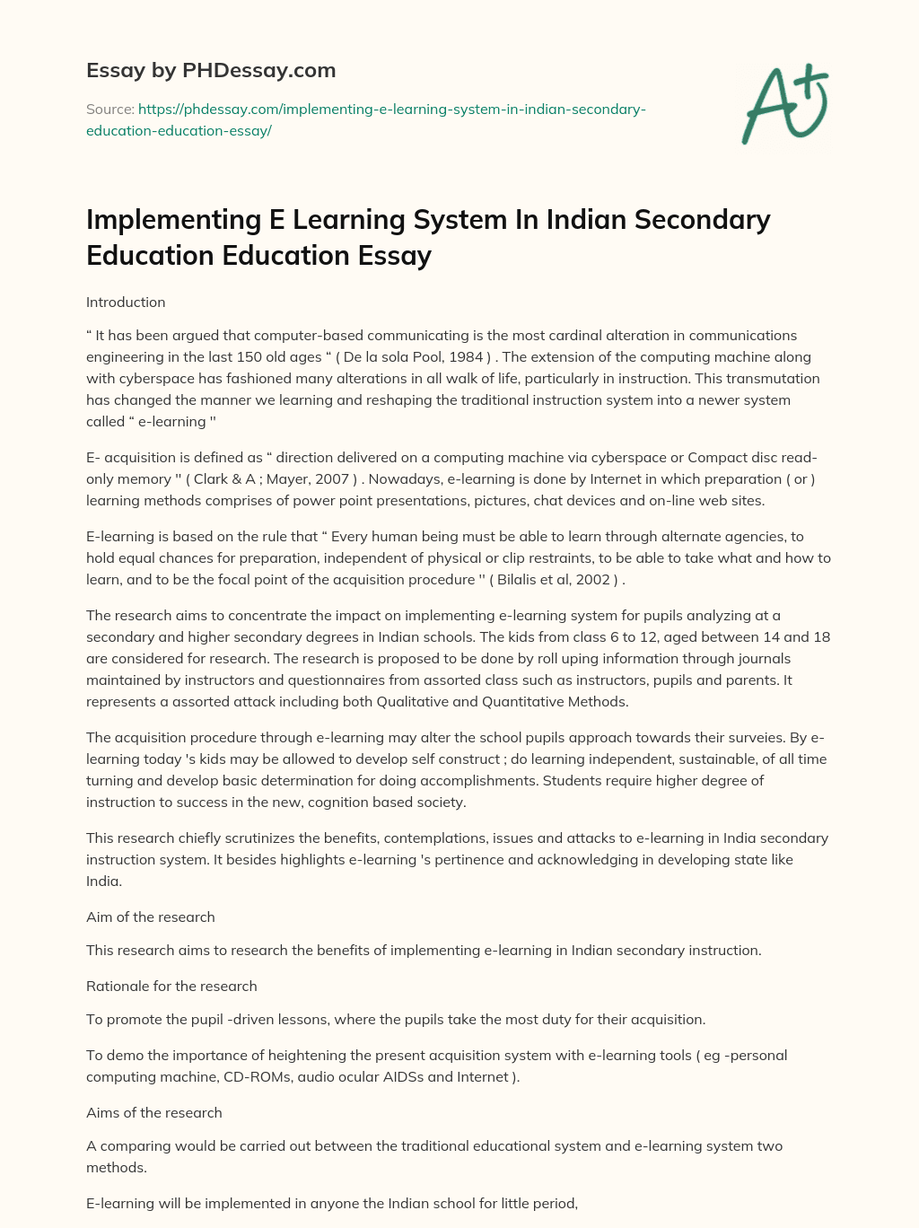 Implementing E Learning System In Indian Secondary Education Education Essay essay