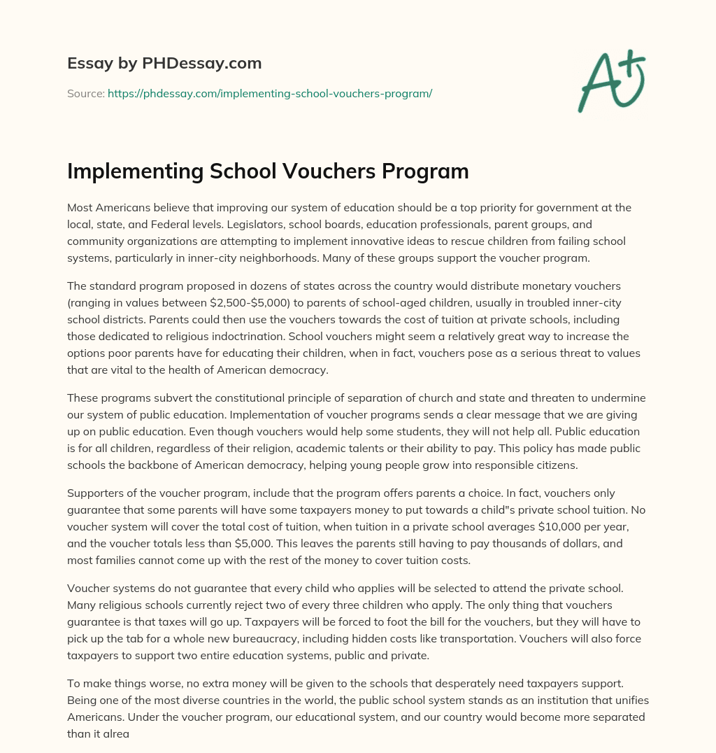 Implementing School Vouchers Program essay