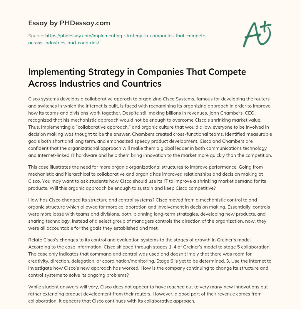 Implementing Strategy in Companies That Compete Across Industries and Countries essay