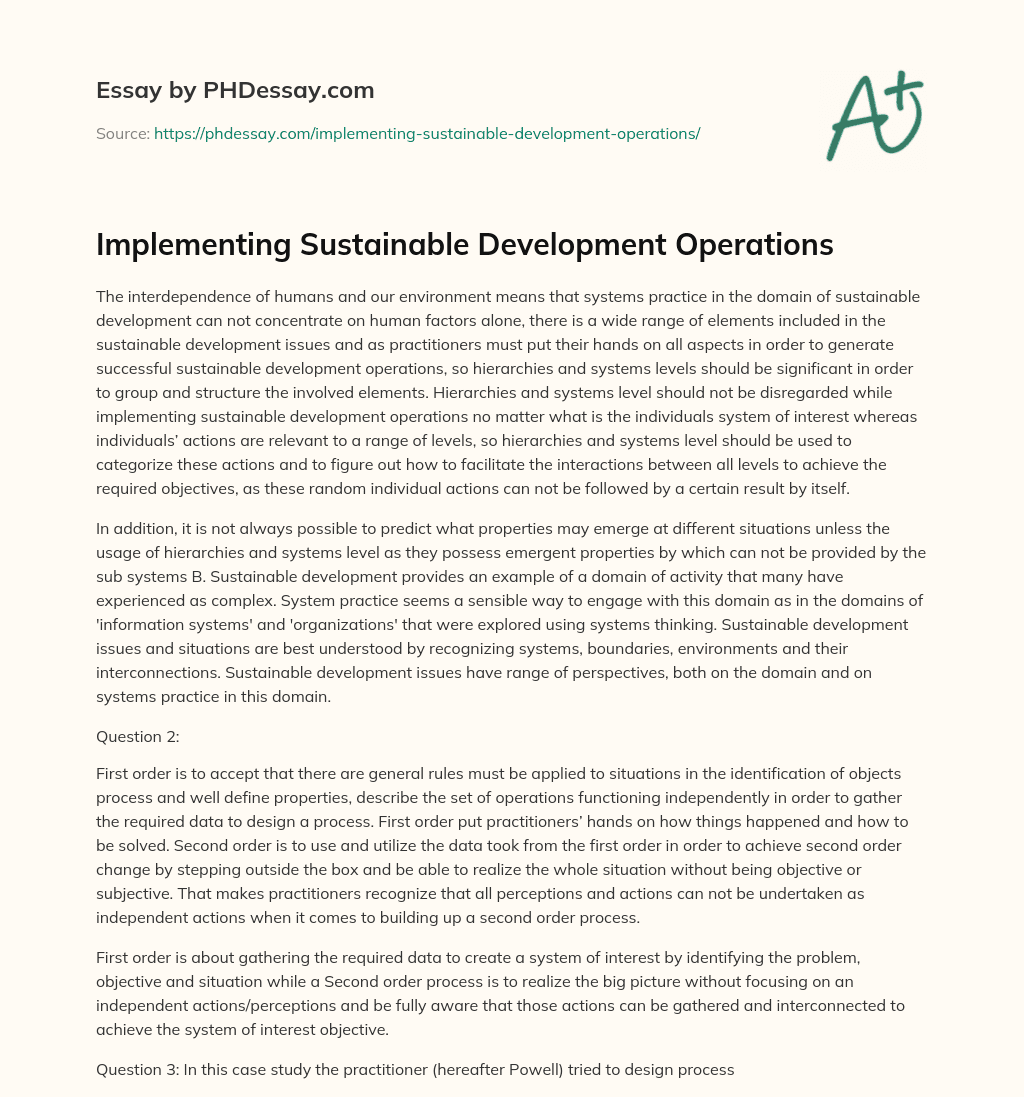 Implementing Sustainable Development Operations essay