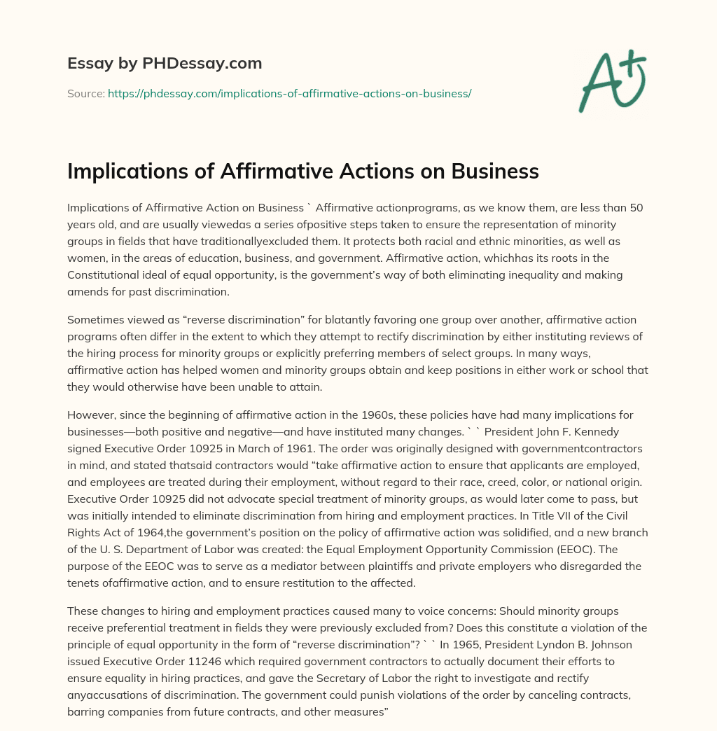 Implications of Affirmative Actions on Business essay
