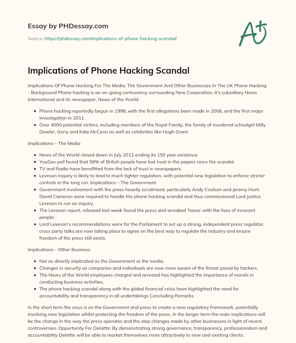 Implications of Phone Hacking Scandal essay