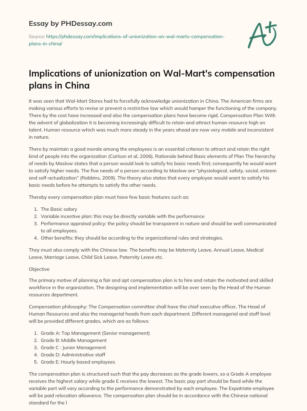 Implications of unionization on Wal-Mart’s compensation plans in China essay
