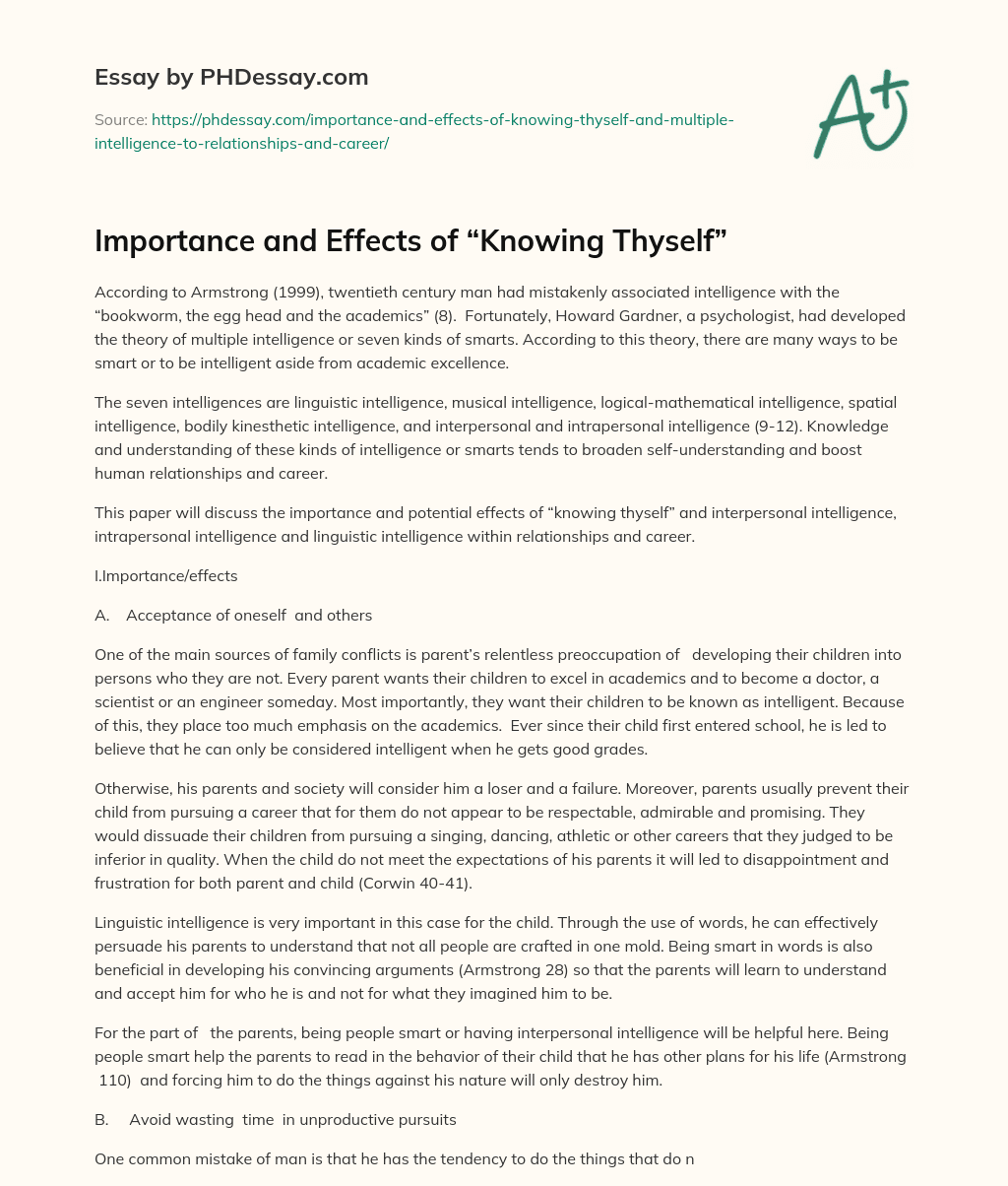 Importance and Effects of “Knowing Thyself” essay