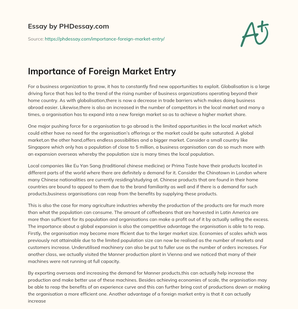 Importance of Foreign Market Entry essay