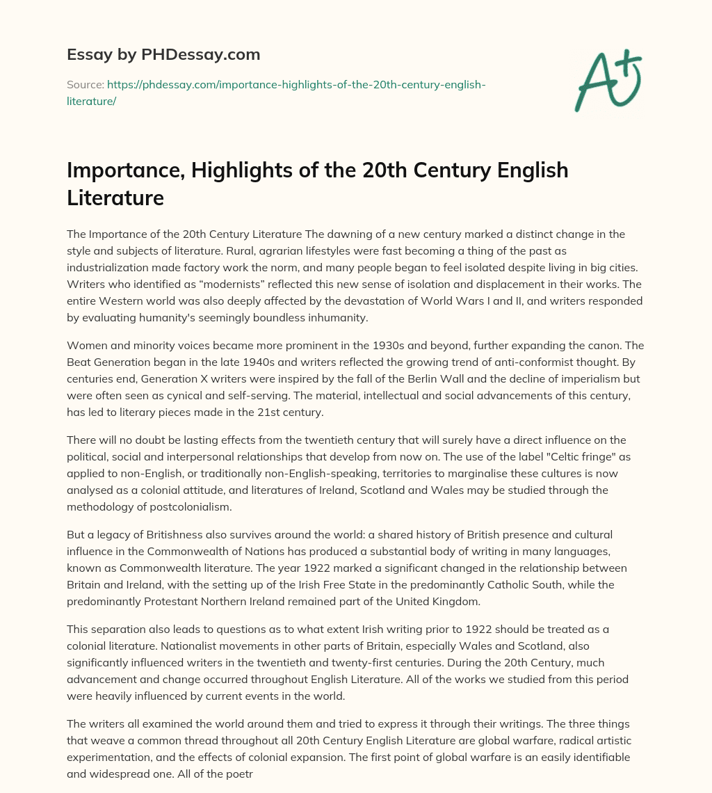 Importance, Highlights of the 20th Century English Literature essay