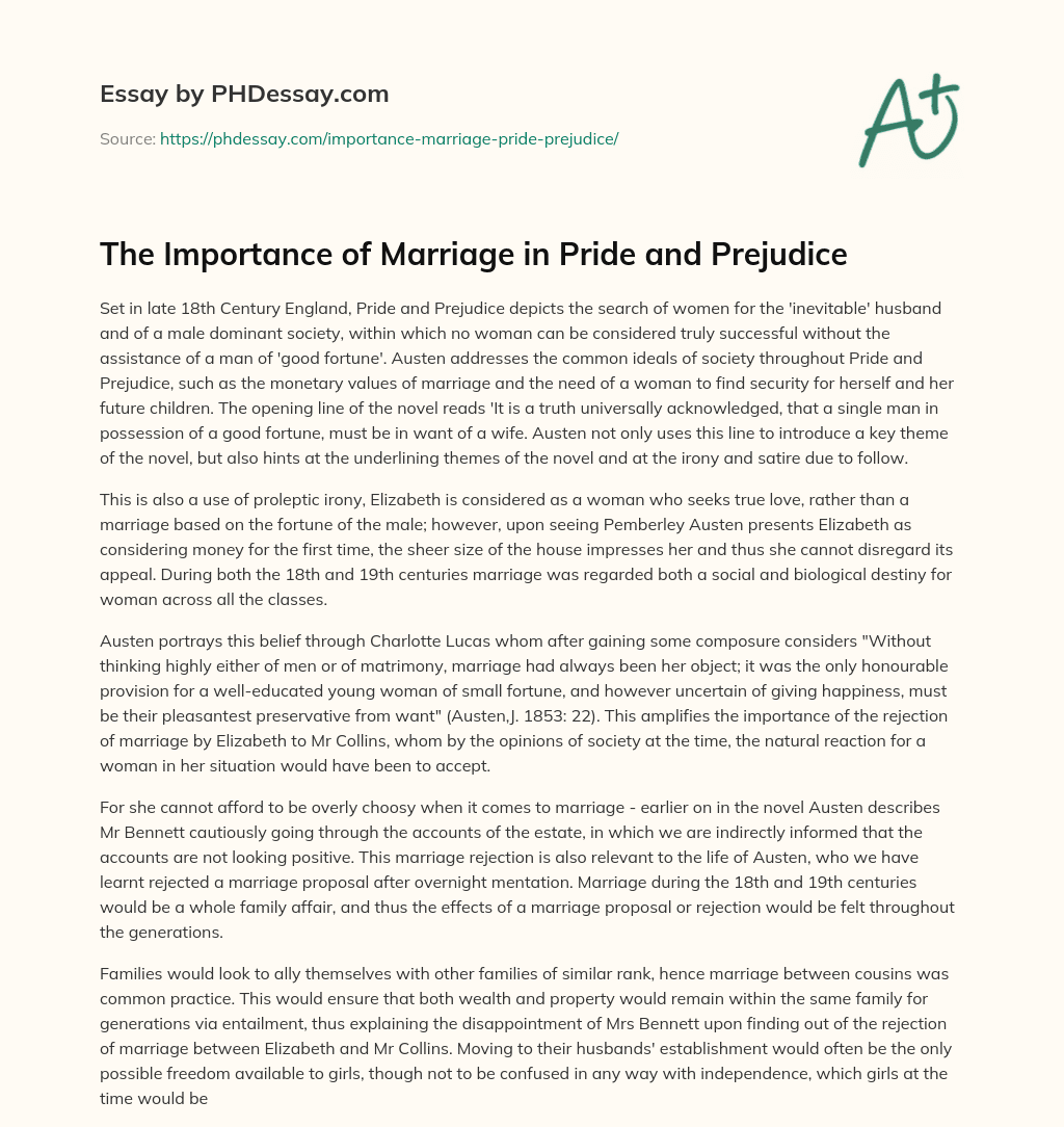 The Importance of Marriage in Pride and Prejudice essay