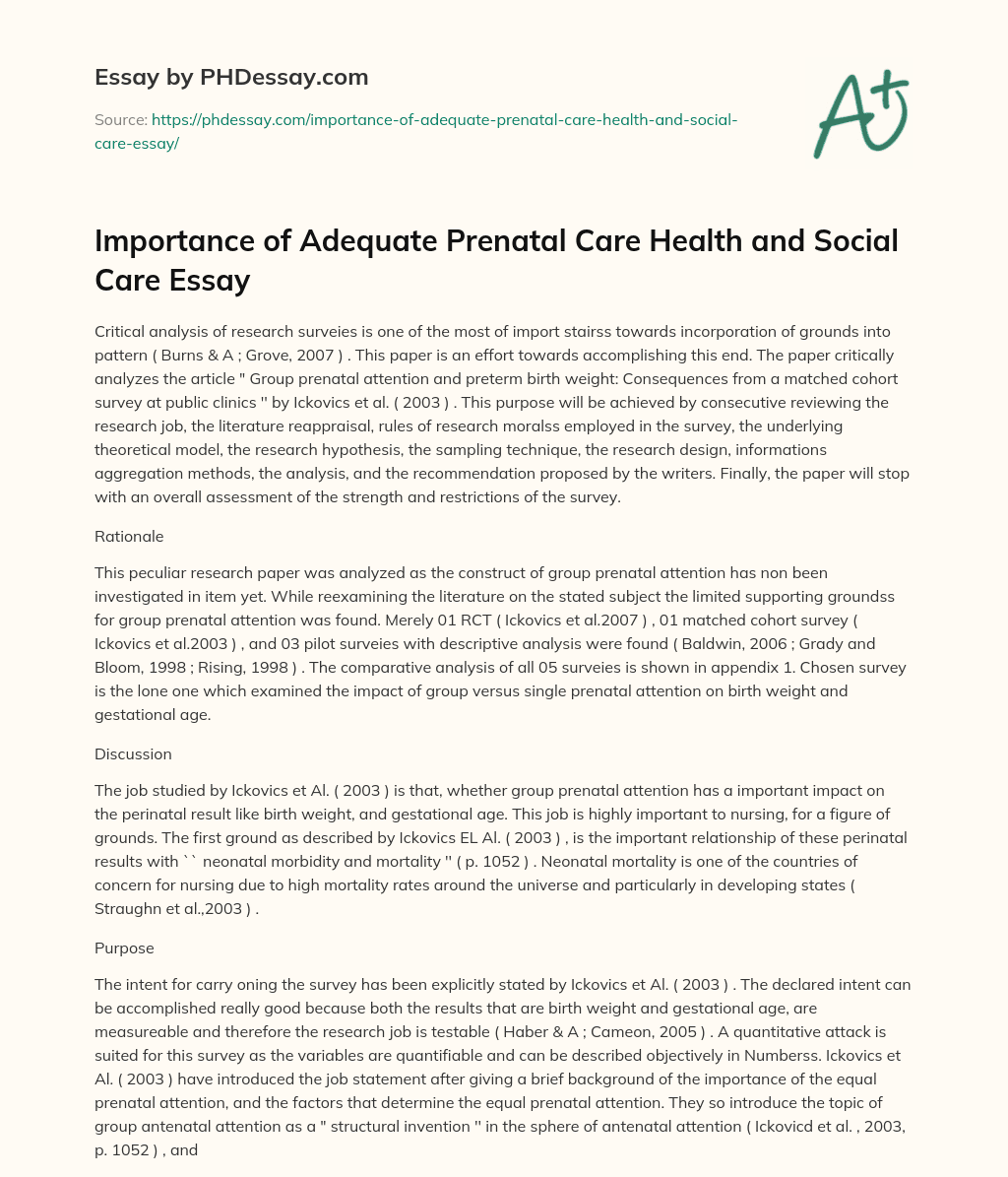 Importance of Adequate Prenatal Care Health and Social Care Essay essay