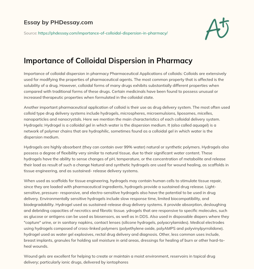 Importance of Colloidal Dispersion in Pharmacy essay