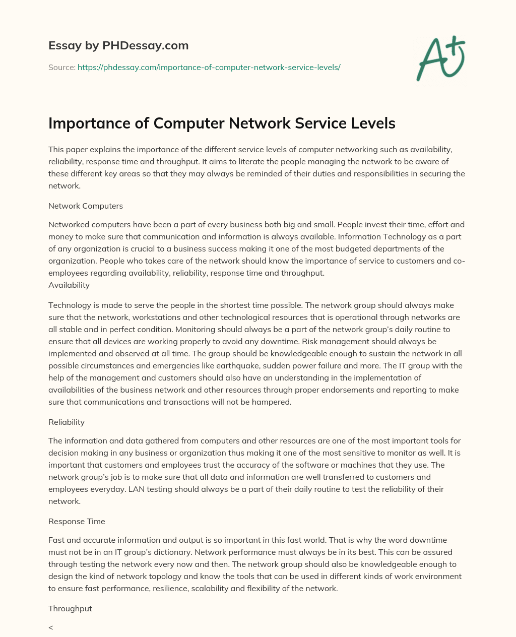 Importance of Computer Network Service Levels essay