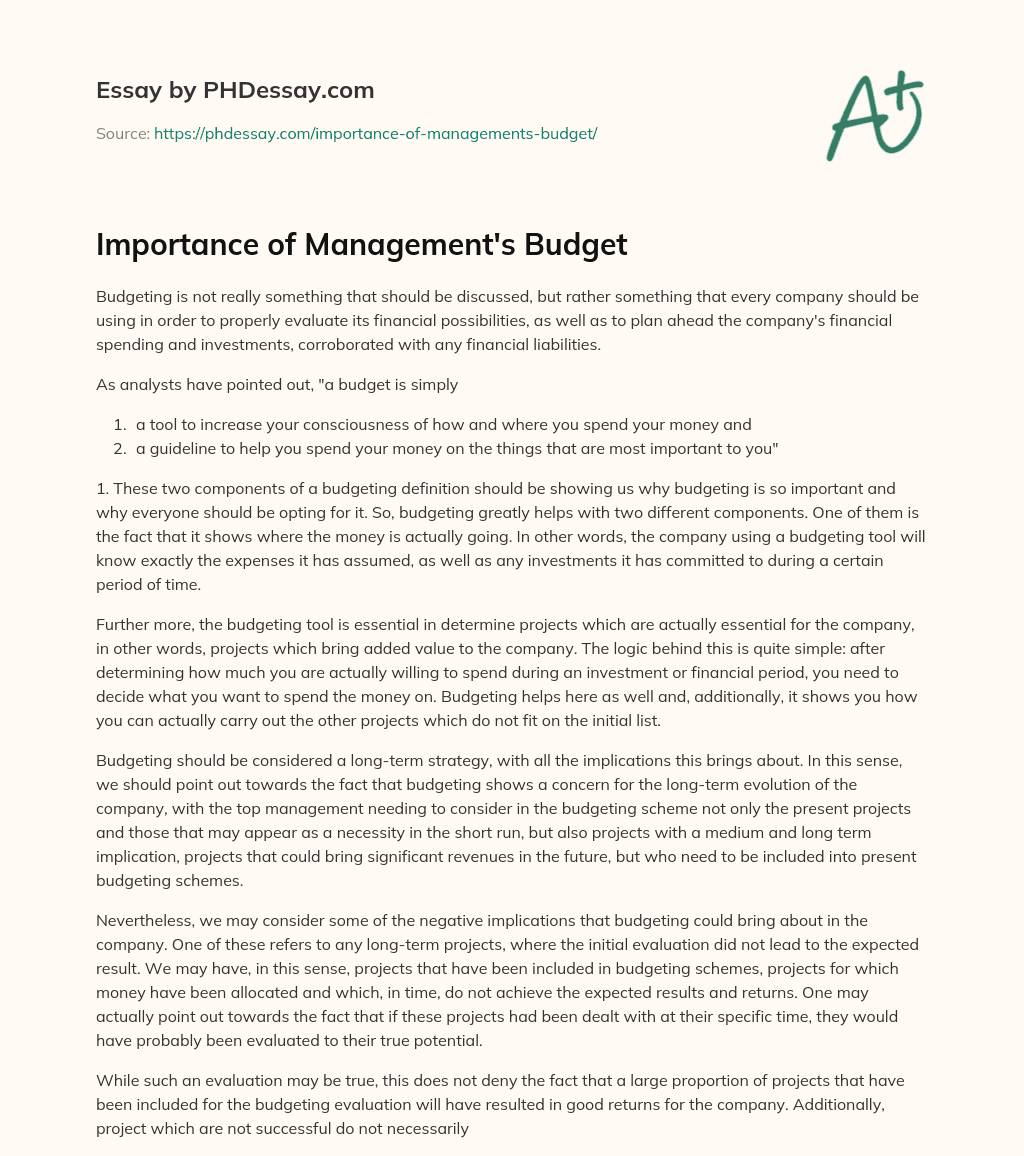 Importance of Management’s Budget essay
