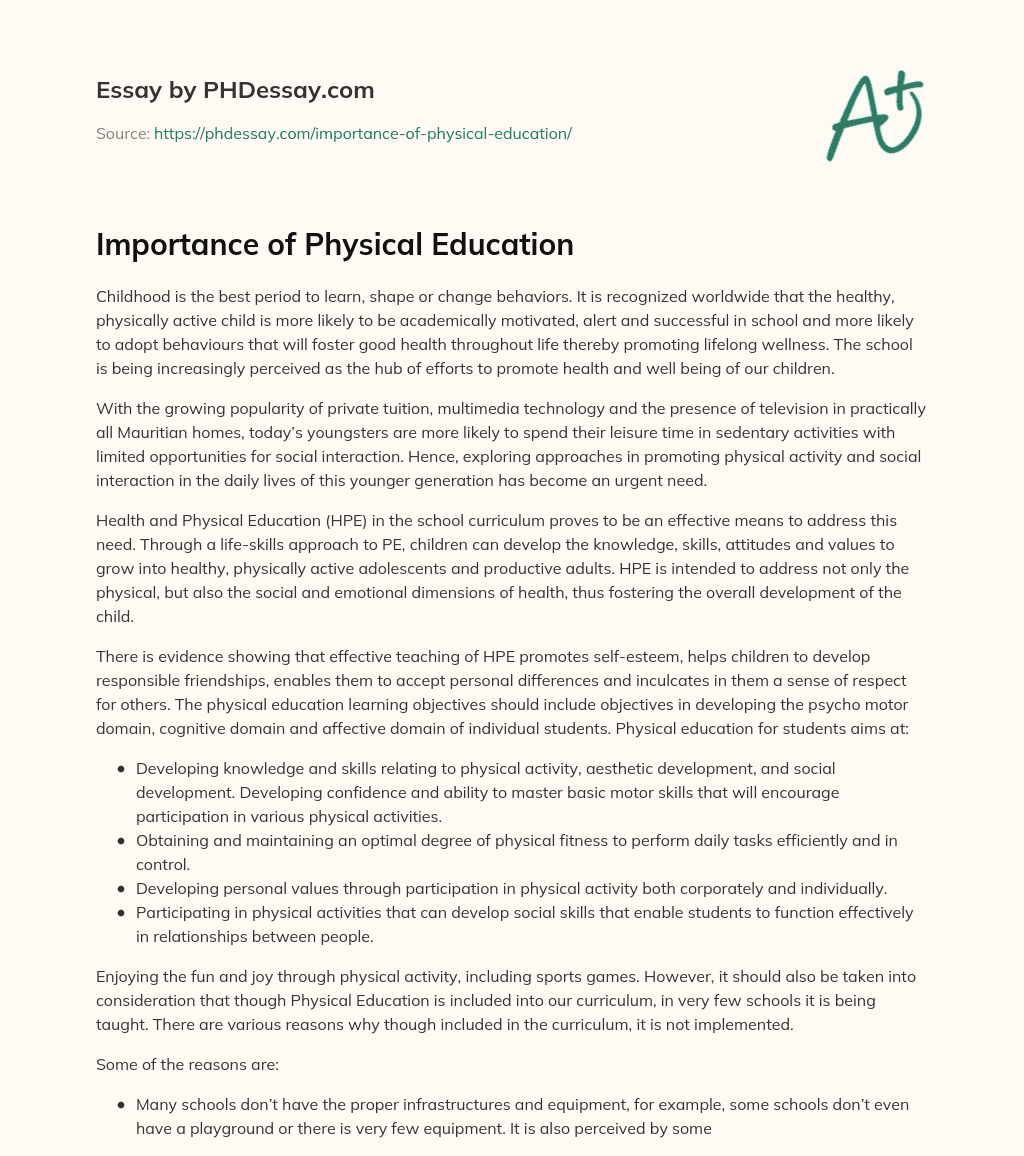 physical education essay 500 words