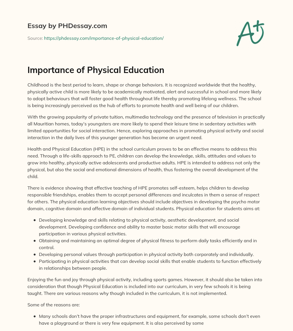 Importance Of Physical Education 500 Words PHDessay