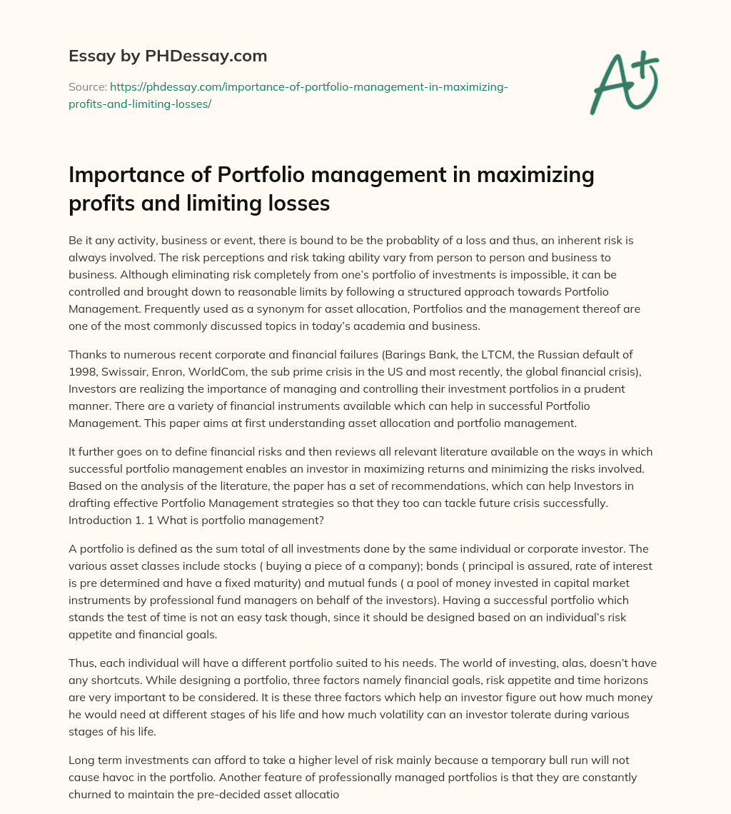 Importance of Portfolio management in maximizing profits and limiting losses essay