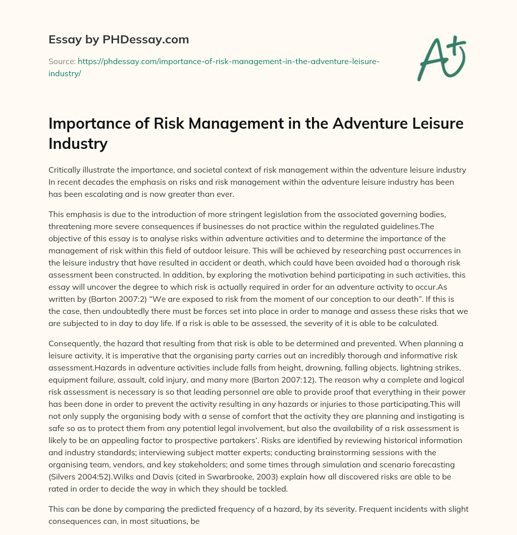 Importance of Risk Management in the Adventure Leisure Industry essay