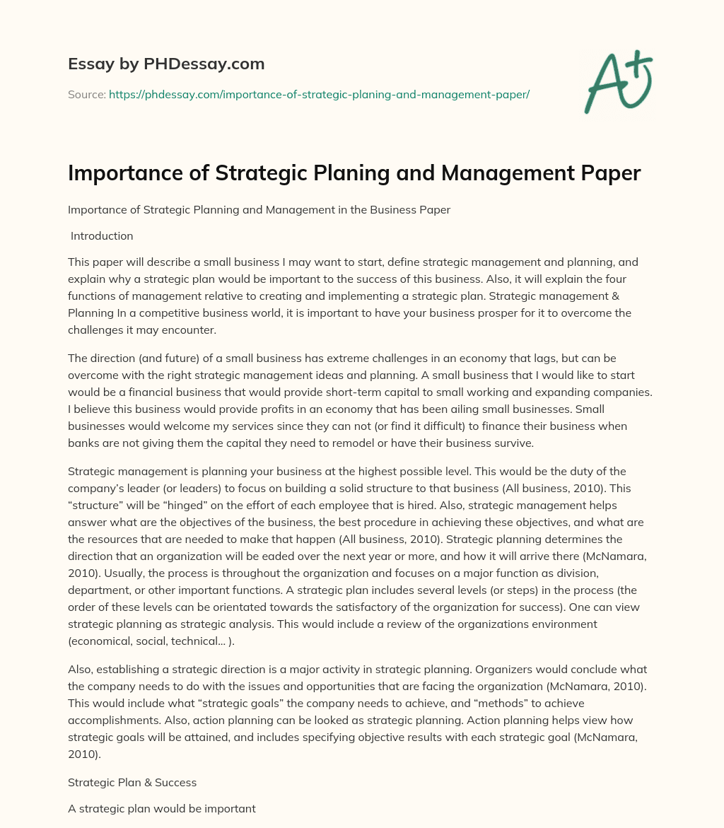 Importance of Strategic Planing and Management Paper essay