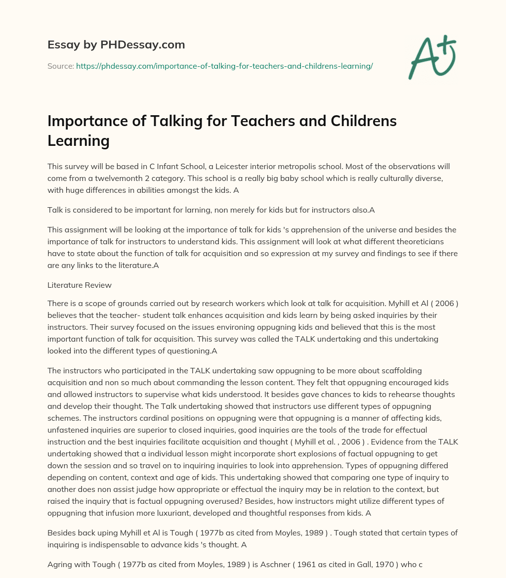 Importance of Talking for Teachers and Childrens Learning essay