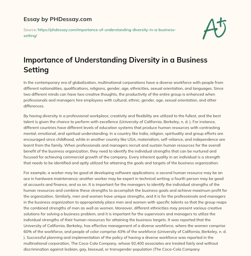 Importance of Understanding Diversity in a Business Setting essay