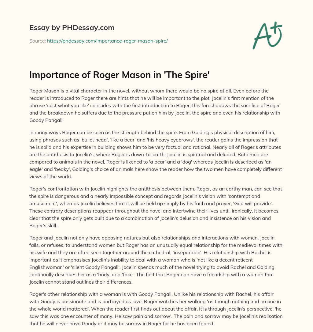 Importance of Roger Mason in ‘The Spire’ essay