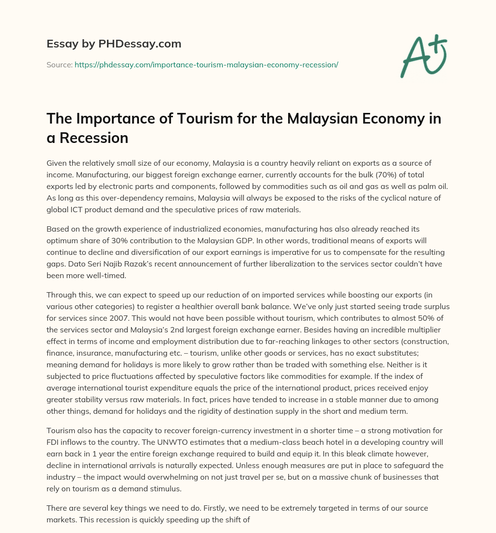 The Importance of Tourism for the Malaysian Economy in a Recession essay