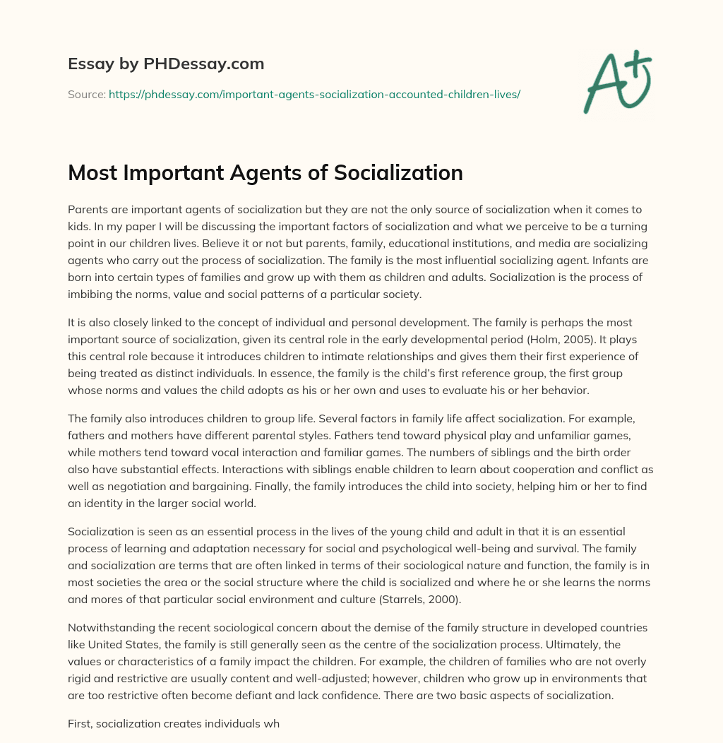 Most Important Agents of Socialization essay