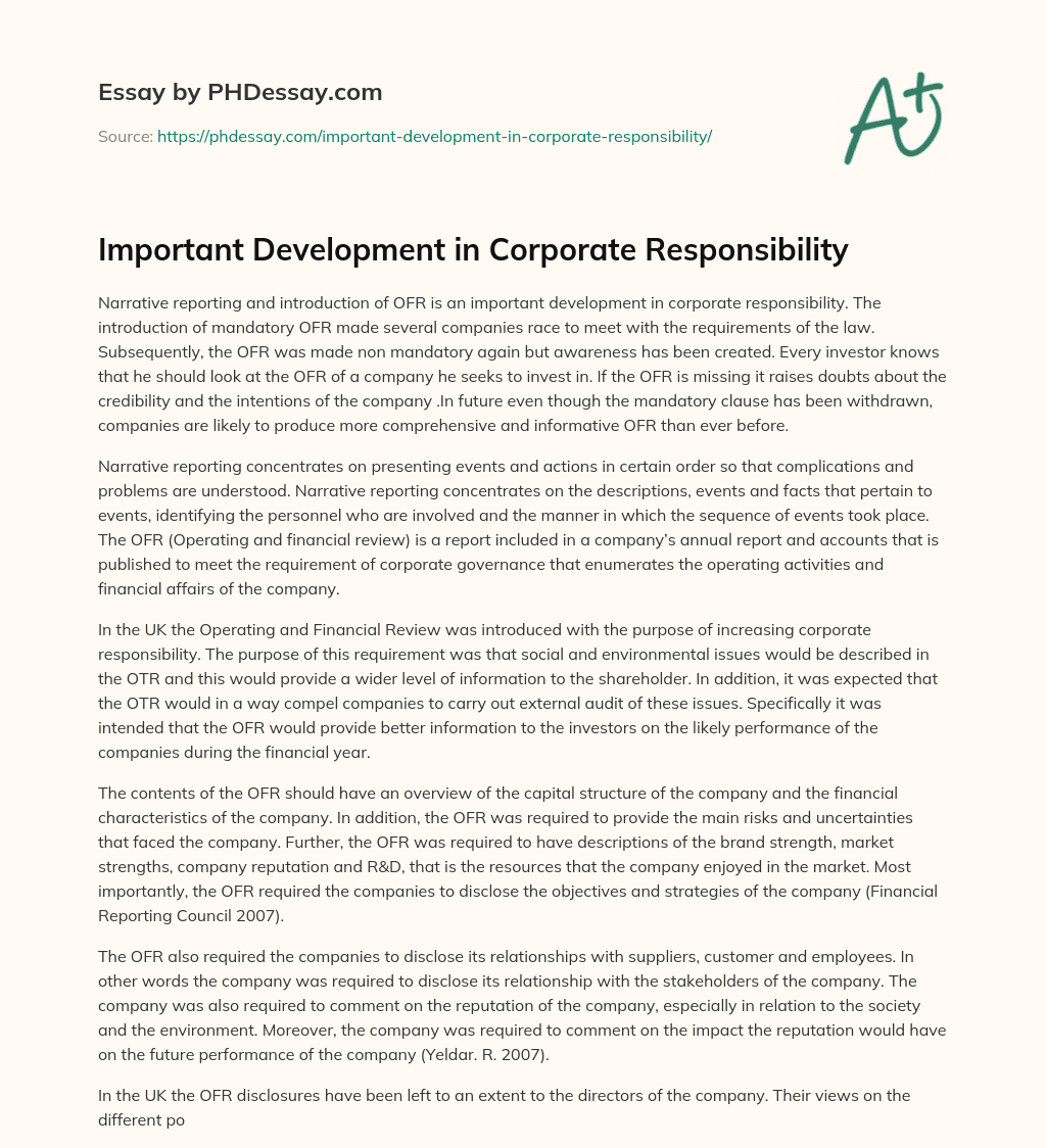 Important Development in Corporate Responsibility essay